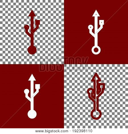 USB sign illustration. Vector. Bordo and white icons and line icons on chess board with transparent background.