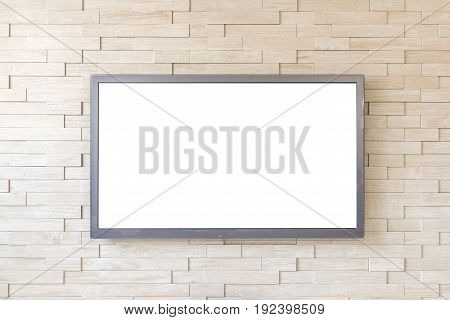 TV display on modern brick wall background with white screen.