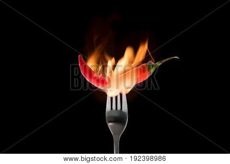 Hot hot red pepper on a fork fire burning on a black background.