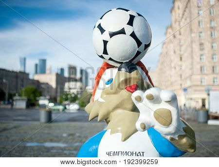 MOSCOW RUSSIA - June 22 2017 The official mascot of the 2018 FIFA World Cup and the FIFA Confederations Cup 2017 wolf Zabivaka on Poklonnaya Hill in Moscow.