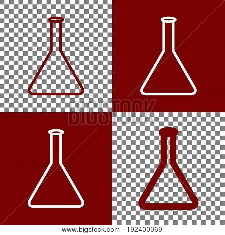 Conical Flask sign. Laboratory glass sign. Vector. Bordo and white icons and line icons on chess board with transparent background.