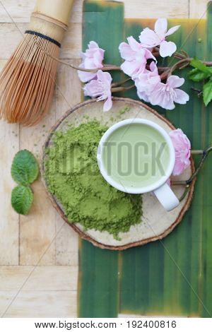 Hot green tea and matcha tea powde