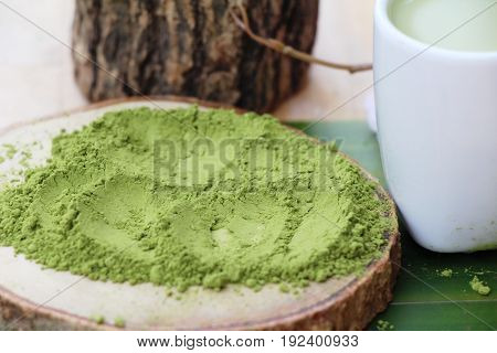 Hot green tea and matcha tea powde