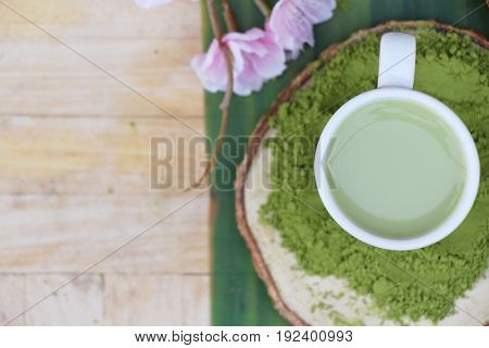 Hot green tea and matcha tea powde