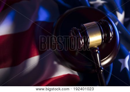 4th of July. American Declaration of Independence. Gavel and  american flag. Red and blue. Place for typography.