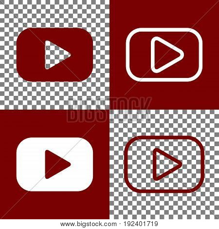 Play button sign. Vector. Bordo and white icons and line icons on chess board with transparent background.