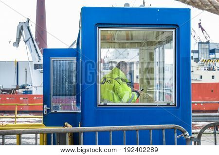 IJMUIDEN NETHERLANDS - MAY 12 2017 : Worker getting the ferry ready for the passengers