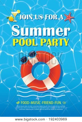 Pool party invitation poster with blue water. Vector summer background.