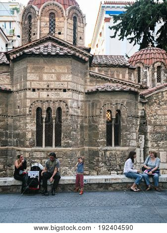 People Near Church Panagia Kapnikarea In Athens