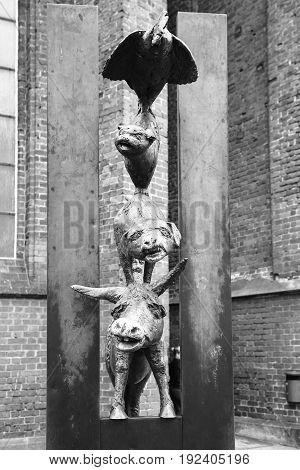 Monument To Bremen Town Musicians In Riga City