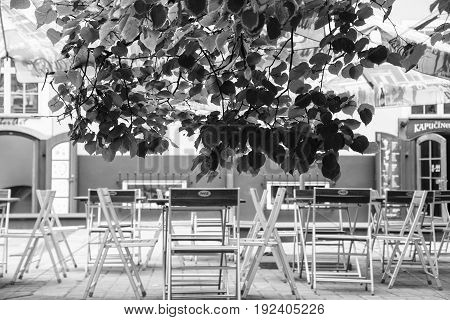 Empty Tables In Outdoor Restaurant In Riga City