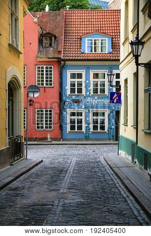 Traditional Painted Houses In Old Riga Town