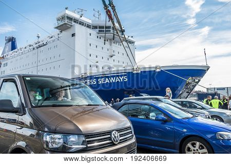 IJMUIDEN, NETHERLANDS - May 14 2017: Passengers are waiting to get on the Princess of seaways ferry to Newcastle