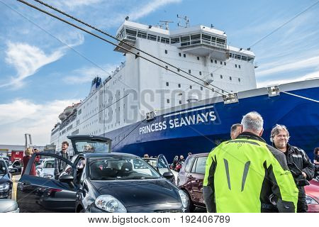 IJMUIDEN, NETHERLANDS - May 14 2017: Passengers are waiting to get on the Princess of seaways ferry to Newcastle