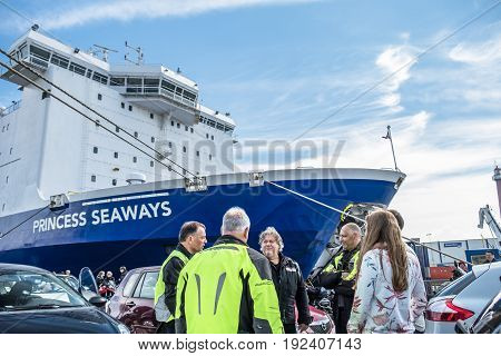 IJMUIDEN, NETHERLANDS - May 14 2017: Passengers are waiting to get on the Princess of seaways ferry to Newcastle