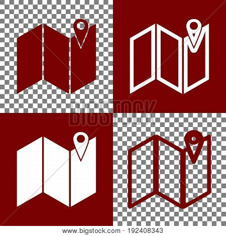 Pin on the map. Vector. Bordo and white icons and line icons on chess board with transparent background.