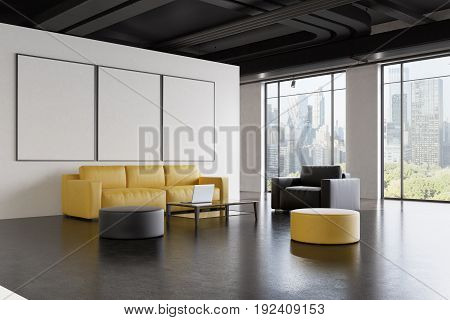 Office waiting room interior with a yellow sofa a gray armchair a poster gallery on a white wall and a narrow table with a laptop on it. Side. 3d rendering mock up
