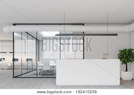 Modern office lobby with gray and glass walls a white reception counter with two laptops standing on it a meeting room and an open space office. 3d rendering mock up