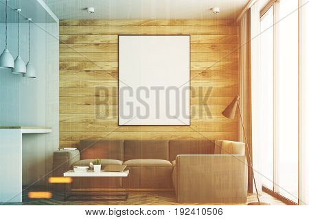 Living room in a studio apartment with wooden and white walls wooden floor. Bar table with stools. Vertical poster. Closeup. 3d rendering mock up toned image