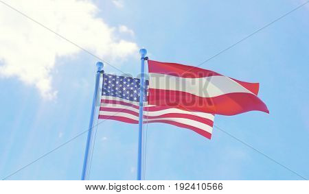 USA and Austria, two flags waving against blue sky. 3d illustration