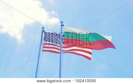 USA and Bulgaria, two flags waving against blue sky. 3d illustration