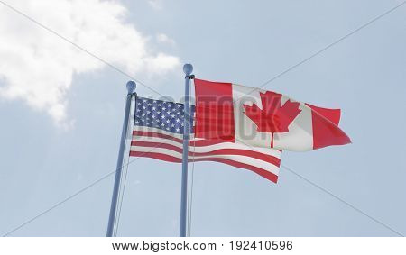 USA and Canada, two flags waving against blue sky. 3d illustration