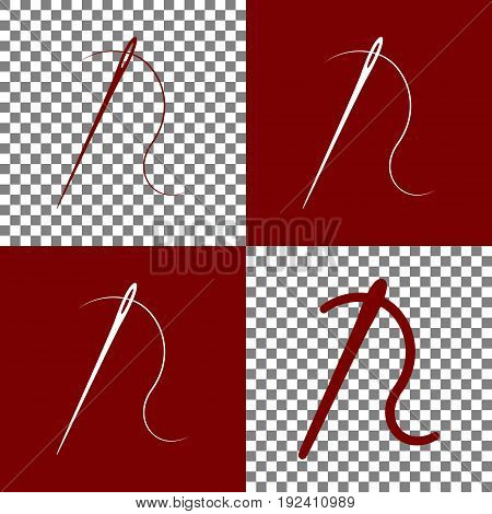 Needle with thread. Sewing needle, needle for sewing. Vector. Bordo and white icons and line icons on chess board with transparent background.