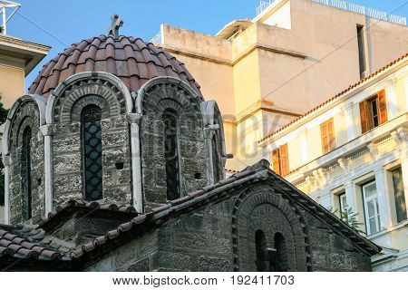Dome Of Church Panagia Kapnikarea In Athens City