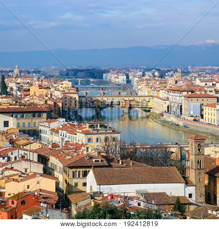 Above View Arno River In Florence Town In Winter