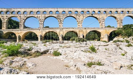 View Of Ancient Roman Aqueduct Pont Du Gard