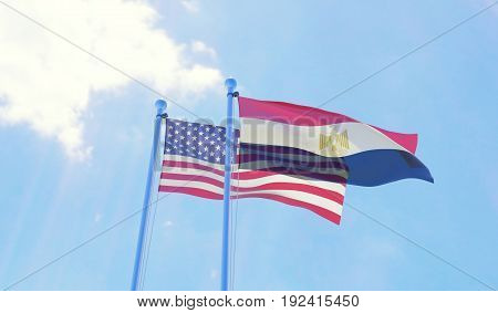 USA and Egypt, two flags waving against blue sky. 3d illustration