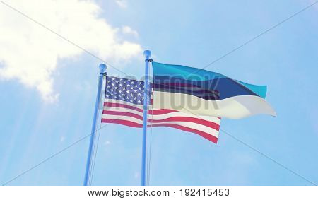 USA and Estonia, two flags waving against blue sky. 3d illustration