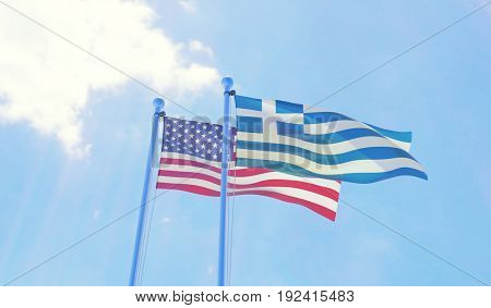 USA and Greece, two flags waving against blue sky. 3d illustration