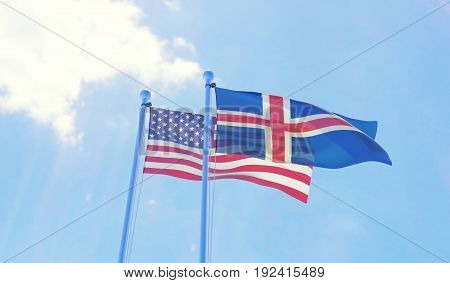 USA and Iceland, two flags waving against blue sky. 3d illustration