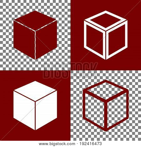 Cube sign illustration. Vector. Bordo and white icons and line icons on chess board with transparent background.