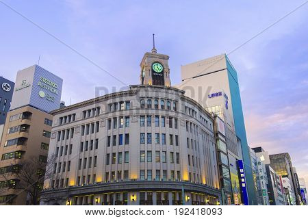 Tokyo, Japan - March 2,2017 : Ginza Seiko Clock Tower, Ginza District In Tokyo, Japan.