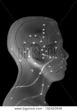 Medical acupuncture model of human head on black background
