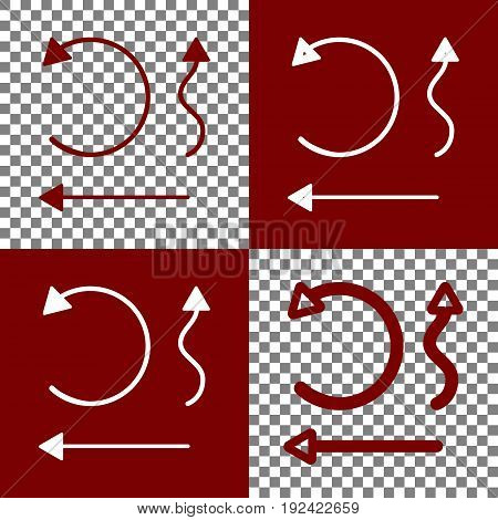 Simple set to Interface Arrows. Vector. Bordo and white icons and line icons on chess board with transparent background.