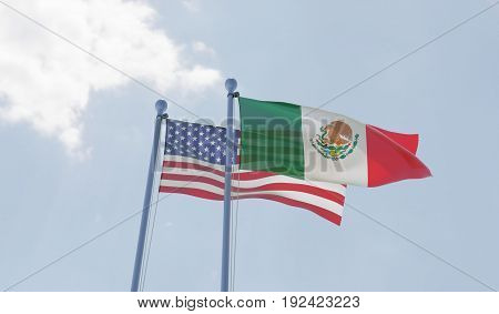 USA and Mexico, two flags waving against blue sky. 3d illustration