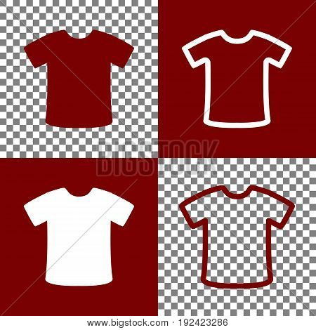 T-shirt sign. Vector. Bordo and white icons and line icons on chess board with transparent background.