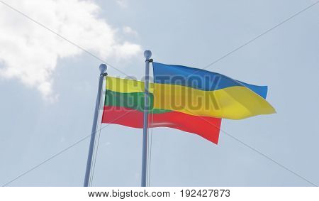 Ukraine and Lithuania, two flags waving against blue sky. 3d image