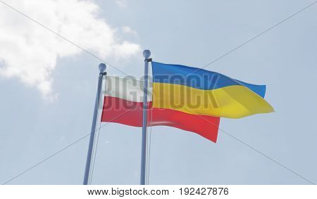 Ukraine and Poland, two flags waving against blue sky. 3d image