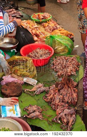 Raw offal and meat background in a thai market