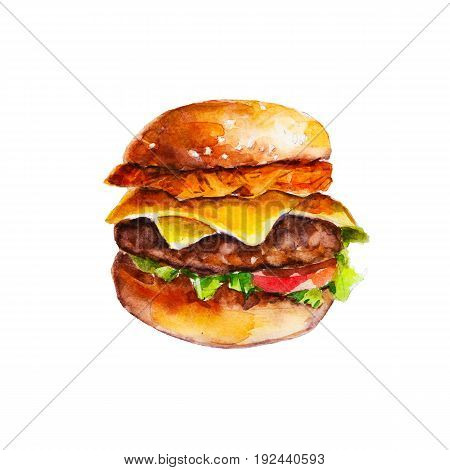 Hamburger with hash brown and vegetables watercolor illustration isolated on white background.