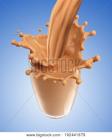Splash of chocolate milk from the glass .Blue background. 3d rendering