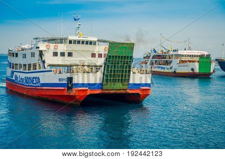 BALI, INDONESIA - APRIL 05, 2017: Ferry in Banyuwangi Gilimanuk in Ubud, Bali Indonesia.