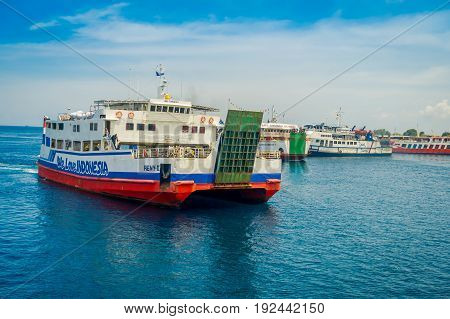BALI, INDONESIA - APRIL 05, 2017: Ferry in Banyuwangi Gilimanuk in Ubud, Bali Indonesia.