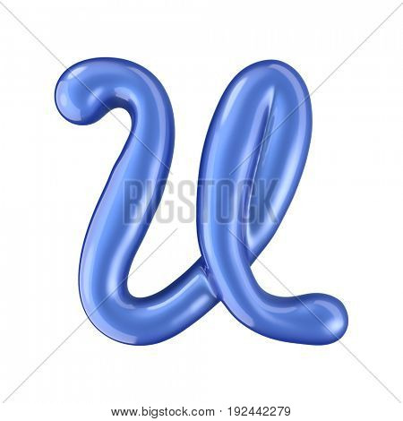 Glossy blue letter U uppercase. 3D rendering font with glint isolated on white background.