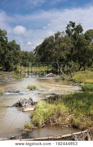 Tamil Nadu India - October 26 2013: Portrait shot of Moyar River in Masamigulli Forest. Brownish water flows over rocks through the green jungle under blue sky with white clouds.