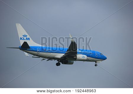 Amsterdam the Netherlands - June 22nd 2017: PH-BGG KLM Royal Dutch Airlines Boeing 737 approaching Polderbaan runway at Schiphol Amsterdam Airport the Netherlands